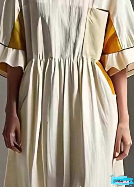 Women White Cinched Patchwork Cotton Vacation Dresses Summer