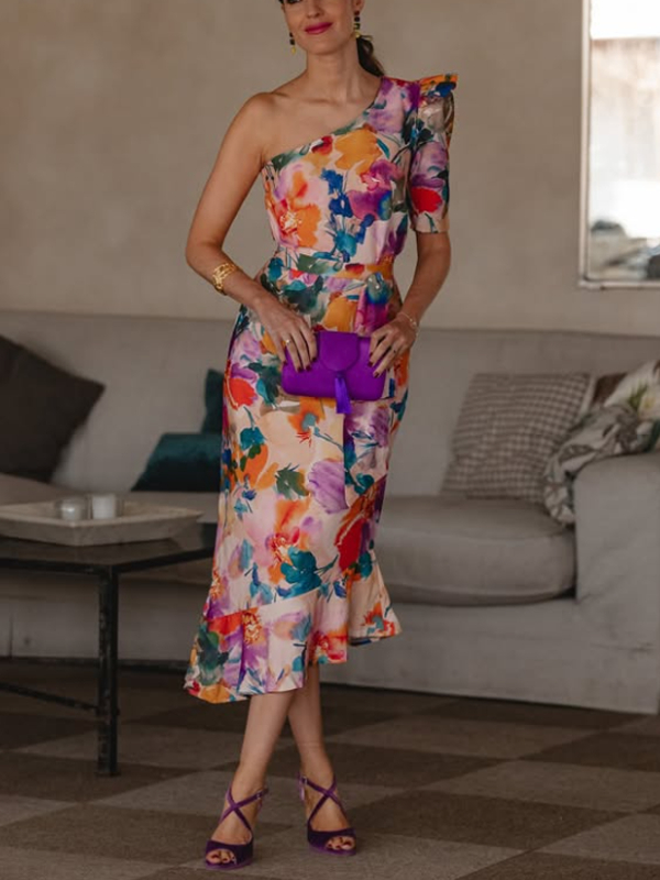 One-shoulder Chiffon Color Matching Women's Dress