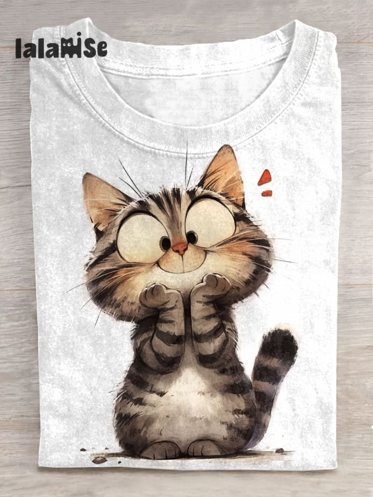 Cute Cat Art Print Casual Short Sleeve T - Shirt Multicolor / S