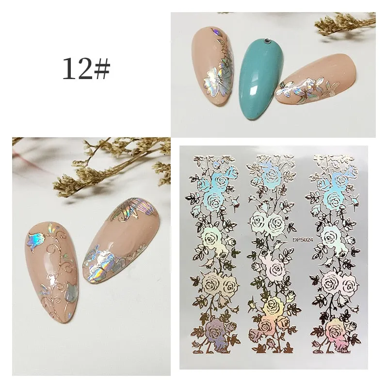 3D Flower Lace Nail Stickers iridescent Bronzing Floral Leaf Transfer Stickers For Nails Manicuring Accessories