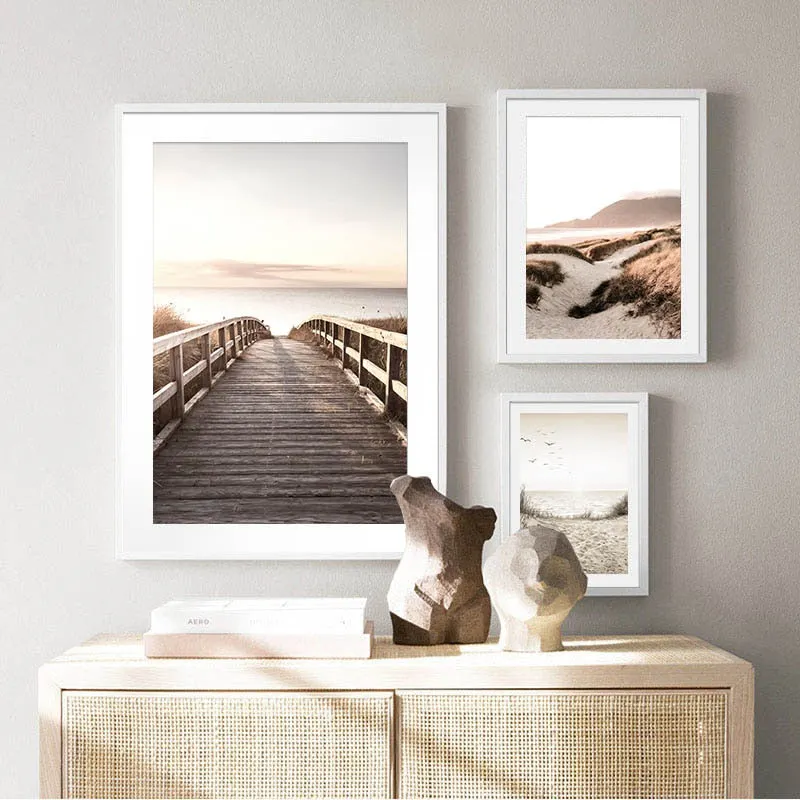 Scandinavian Nature Landscape Canvas Painting Grass Bridge Beach Sunset Wall Art Poster Nordic Print Modern Picture Home Decor