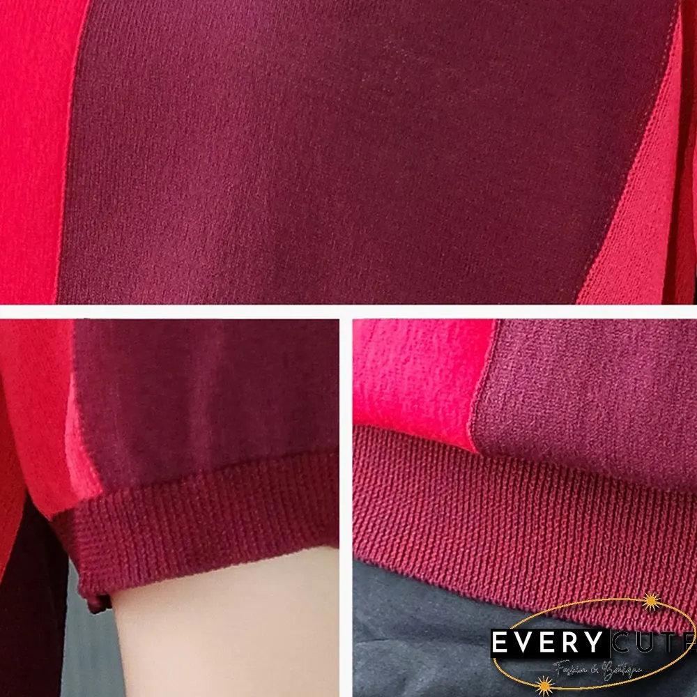Female Two-Color Patchwork Knitted T-Shirt Mercerized Cotton Summer Women Short Sleeve Pullover Lady Loose Cool V-Neck Tops