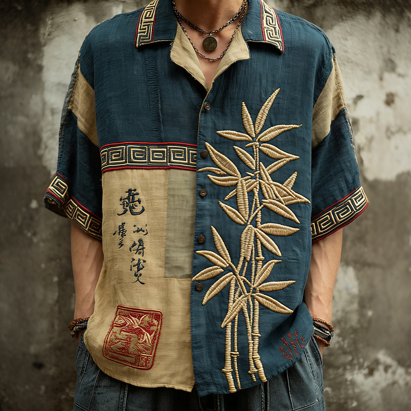 Men's Vintage Japanese Bamboo Art Short Sleeve Shirt elevenforest
