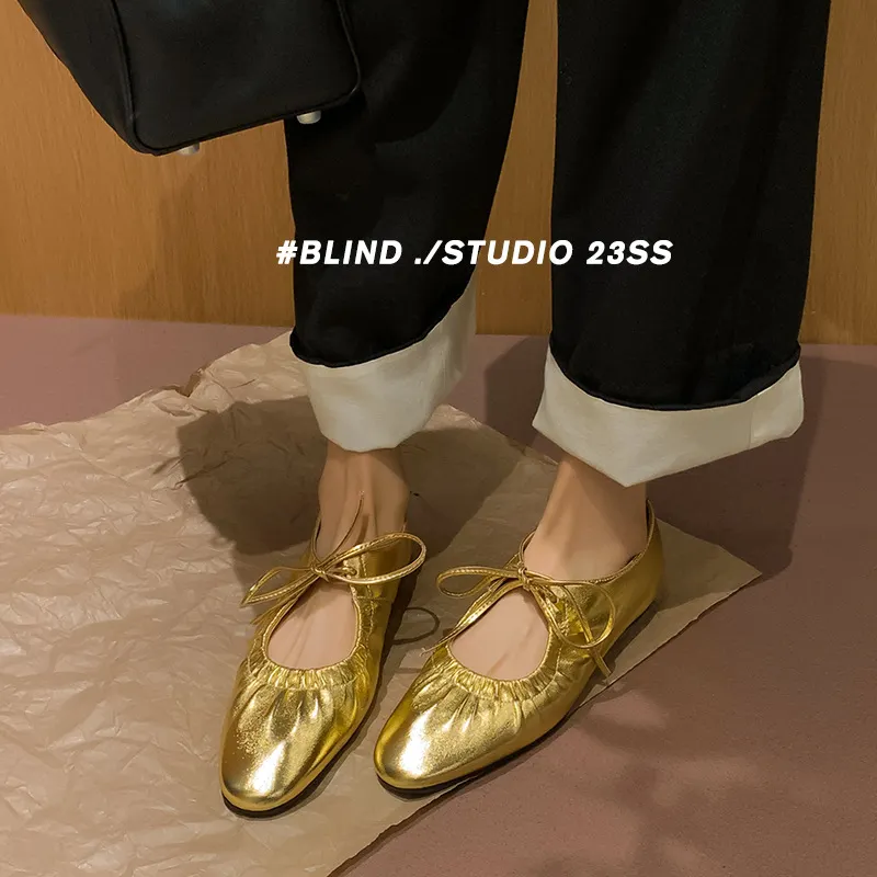 Churchf Churchf Crowd Design Gold Cowhide Strap With Lotus Leaf Mouth Flat Mary Jane Single Shoes Spring New French Leather Women's Shoes