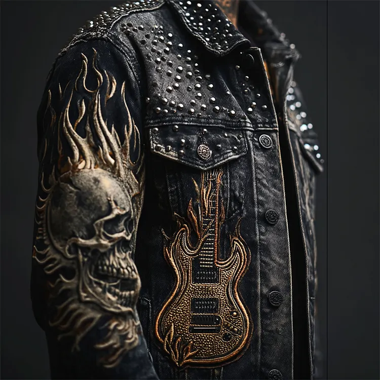 Men's Rock Guitar &skull Flame Studded Washed Denim Jacket