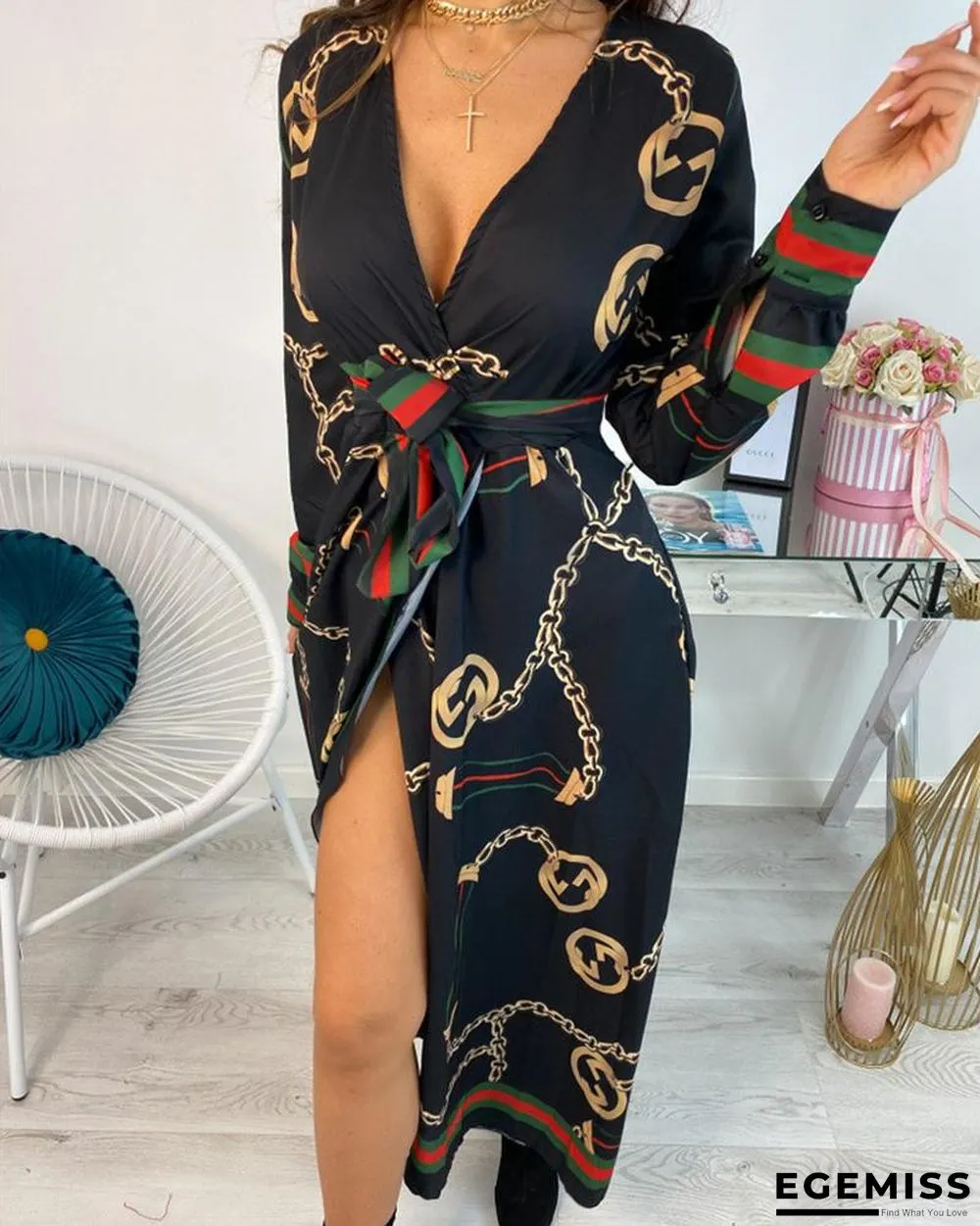 Long Sleeve Chain Baroque Print Dress Black Dresses | EGEMISS