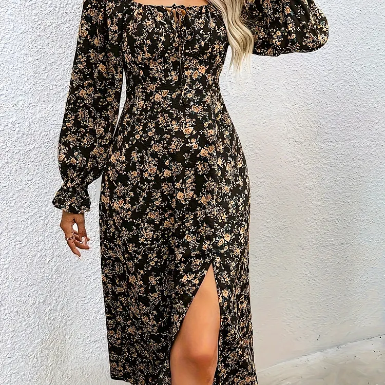 Floral Print Split Dress, Elegant Squared Neck Long Sleeve Dress, Women's Clothing