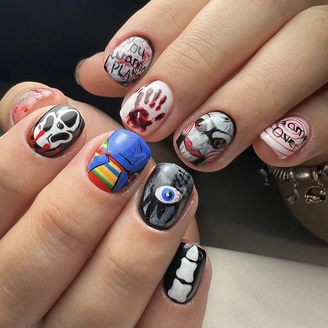 Churchf Churchf Horror Ghost Face Nail Halloween One Eye Candle Black And White Fake Nail Finished Wearable Nail Nail