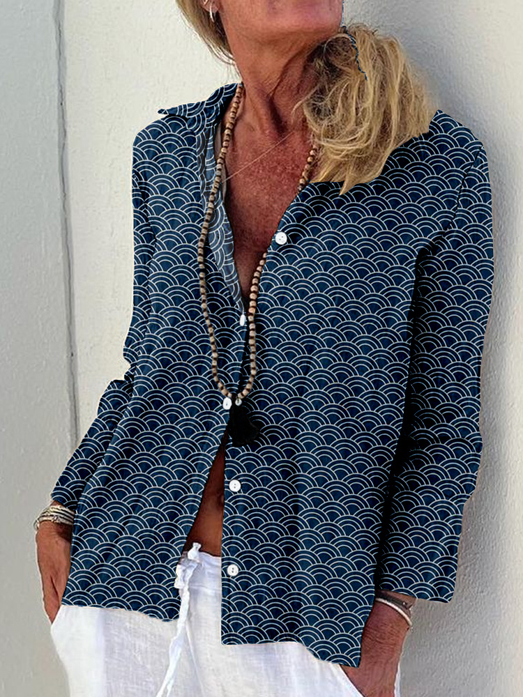 Traditional Ocean Waves Pattern Linen Blend Blouse