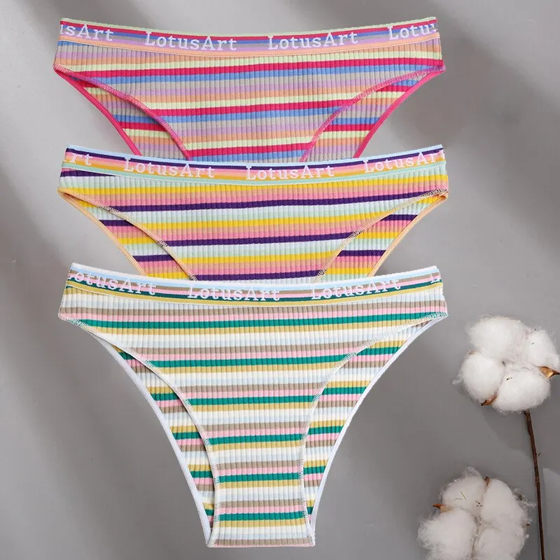Billionm Women Cotton Colorful Stripe Panties Sexy Intimate Underwear Female Soft Solid Briefs Low Waist Underpant Soft Lingerie
