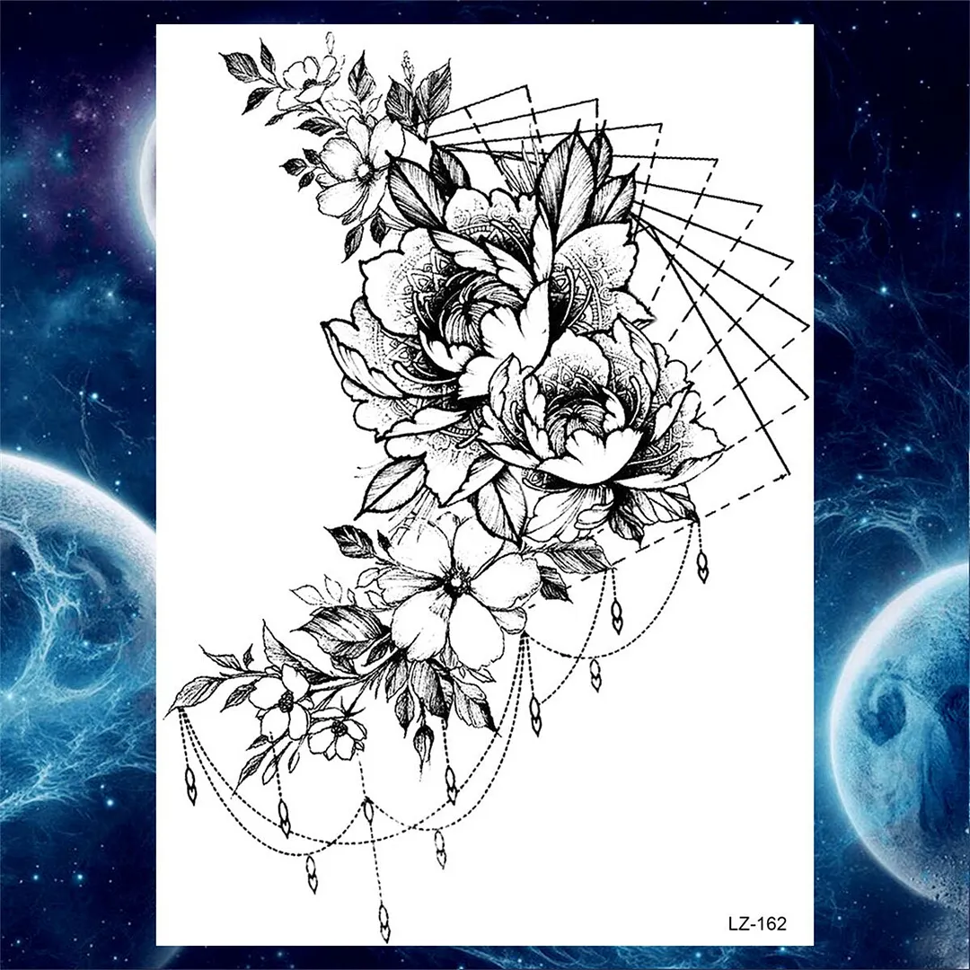 Flower Compass Temporary Tattoo For Women Girls Adult Rose Peony Tattoos Sticker Fake Black Floral Body Art Thigh Tatoos Paper