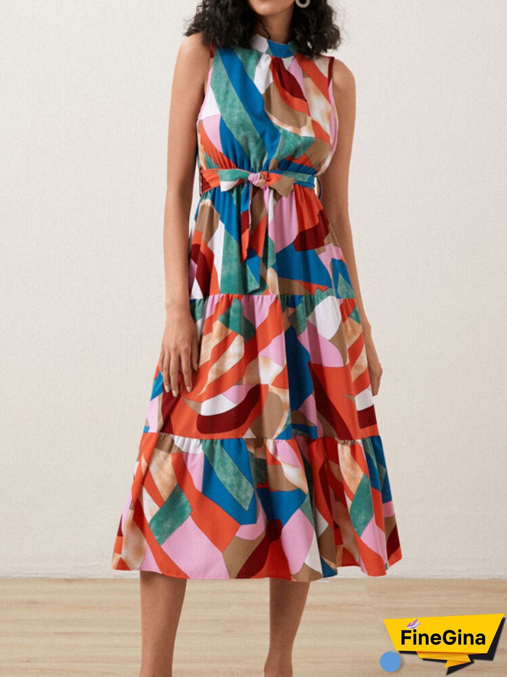 Multicolor Geo Print Stand Collar Sleeveless Maxi Dress