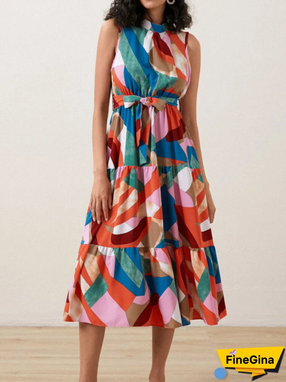Multicolor Geo Print Stand Collar Sleeveless Maxi Dress