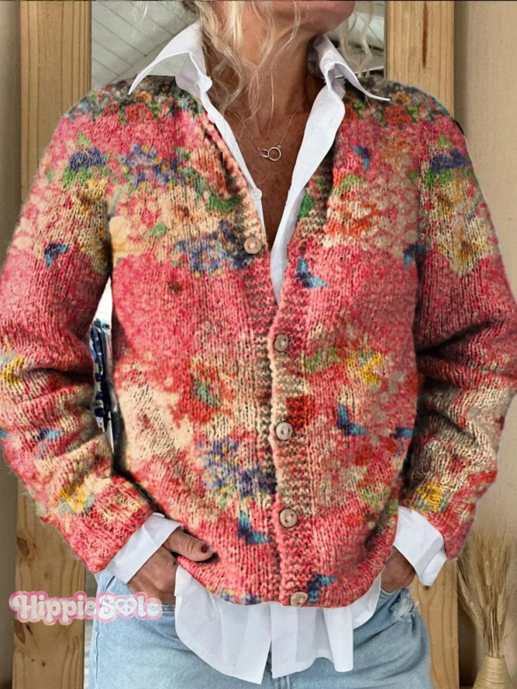 Women&rsquo;s Bright Floral Art Print Button Cardigan Sweater-1 / S