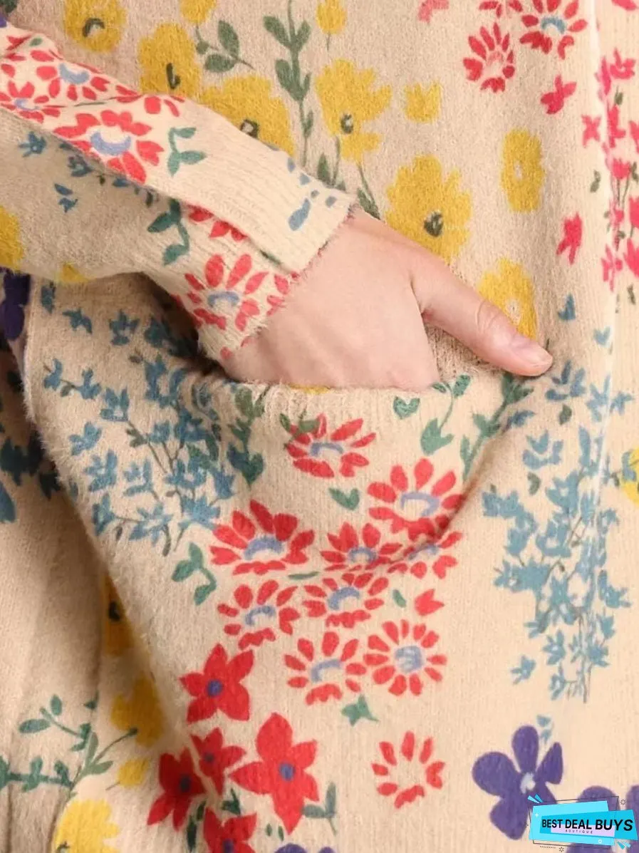 Women Casual Flower V-Neck Winter Cardigan Sweater