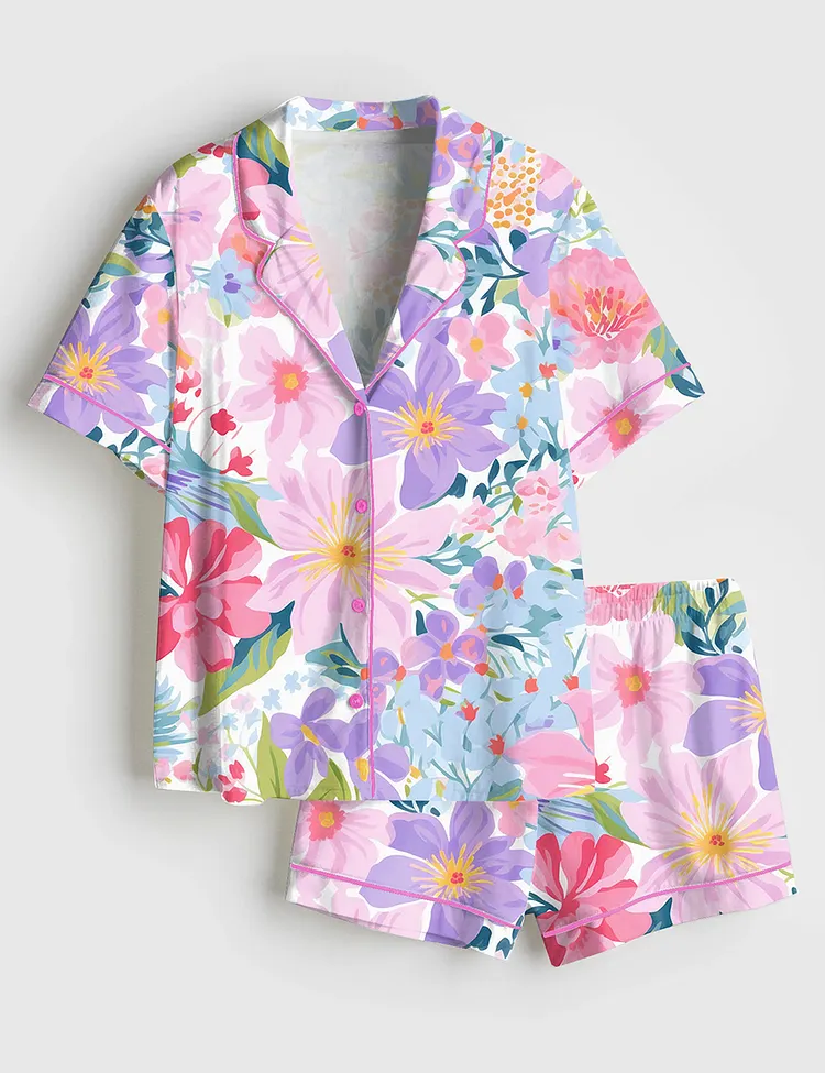 Women&rsquo;s Purple Ditsy Flowers Ditsy Floral Girly Pink And Purple Cute Ditsy Floral Print Short Sleeve Satin Pajama Set