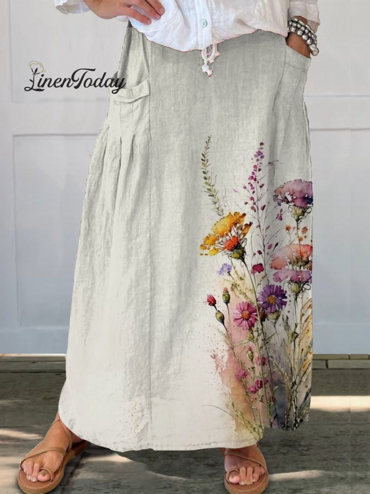 Women&rsquo;s Floral Print Linen Pocket Skirt Multicolor / S