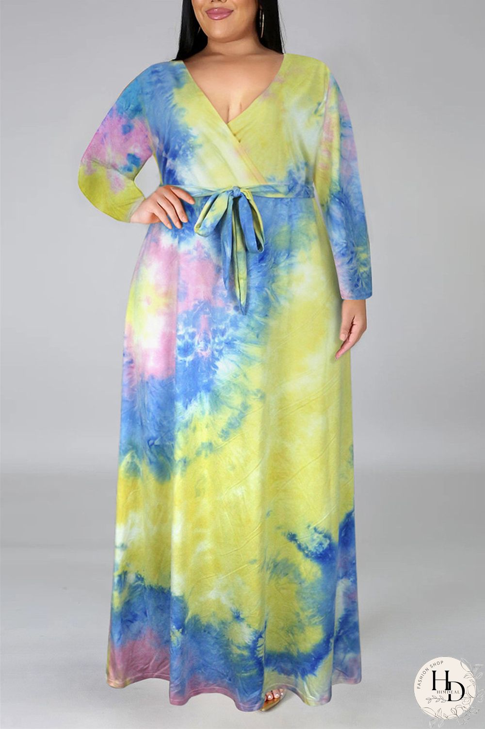 Colour Fashion Casual Print Tie-dye V Neck Long Sleeve Plus Size Dress
