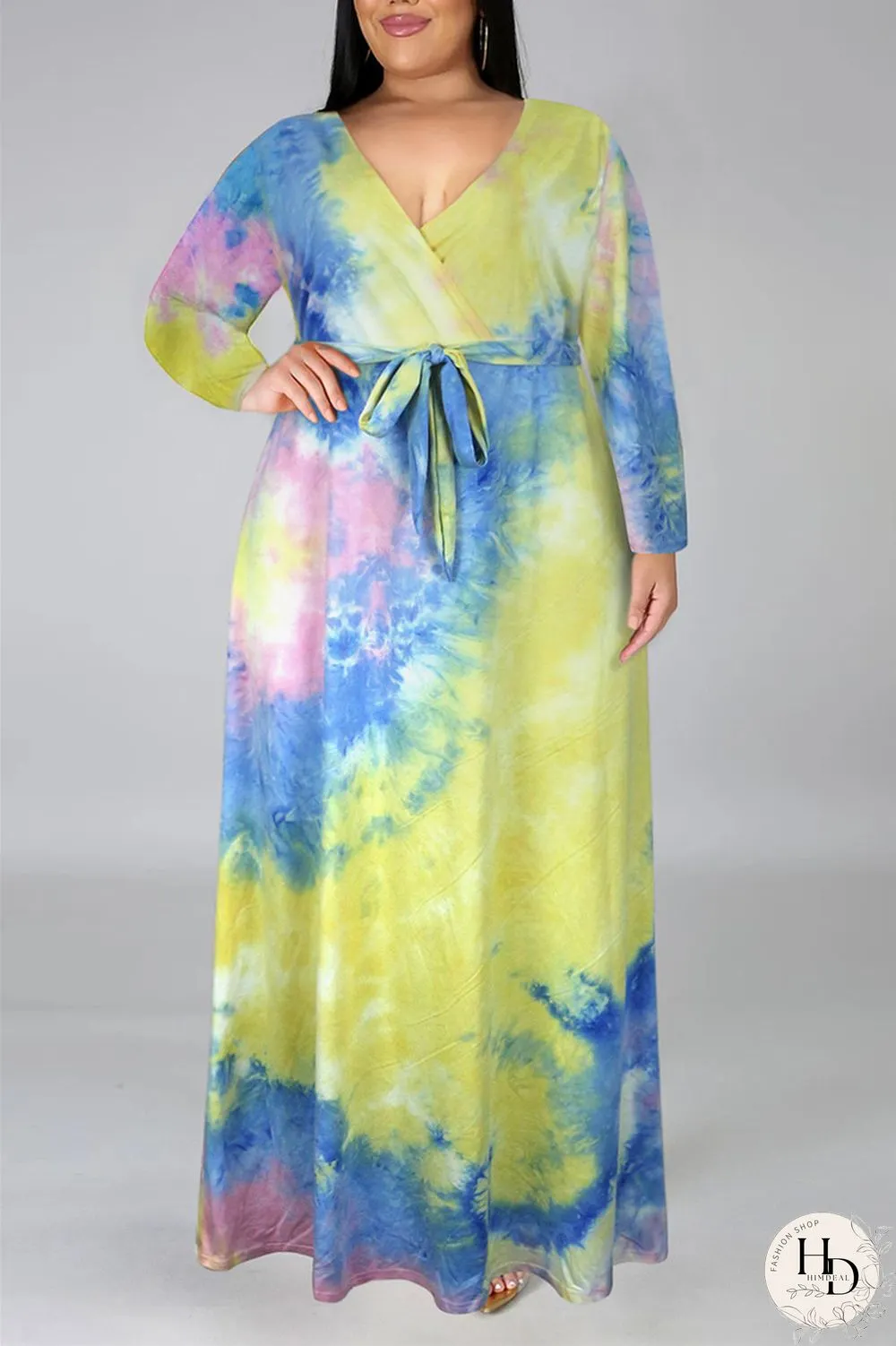 Colour Fashion Casual Print Tie-dye V Neck Long Sleeve Plus Size Dress