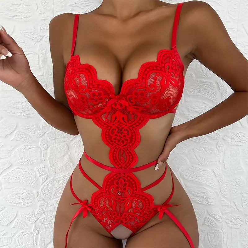 Billionm Porno Crotchless Underwear Women Lace Transparent Bra Set Hot Erotic Costumes Female Teddy Bodysuit Deep V Bra Sexy Lingerie Set