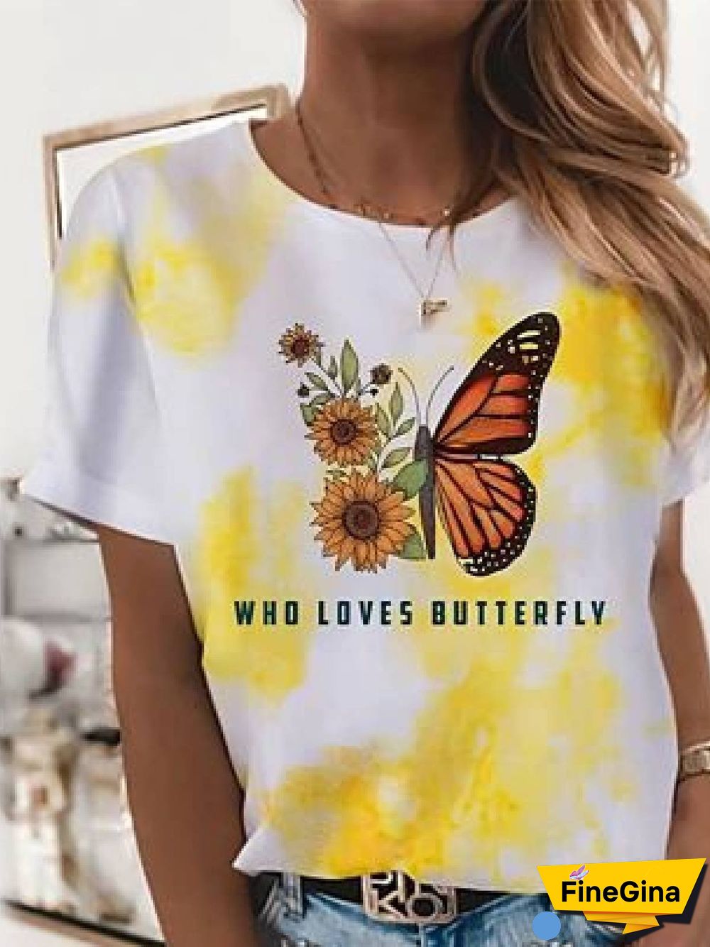 Floral-Print Butterfly Short Sleeve Crew Neck T-shirt