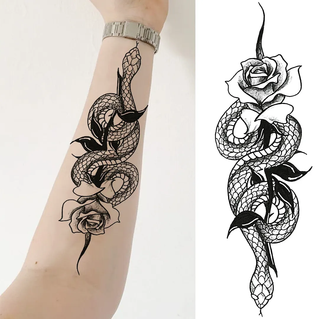 Black Rose Flower Snake Temporary Tattoos For Women Adult Peony Serpent Fake Tattoo Forearm Body Art Painting Waterproof Tatoos