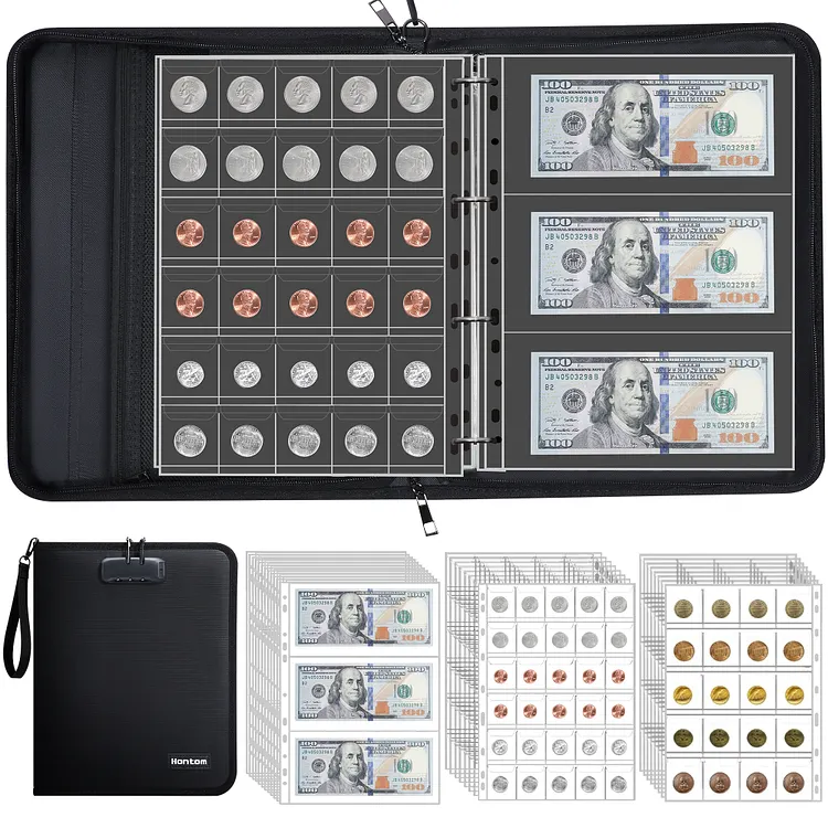 400 Pockets Coin Collection Album for Collectors with Lock, Fireproof Coin Holder Book & 36 Paper Currency Binder Sleeves