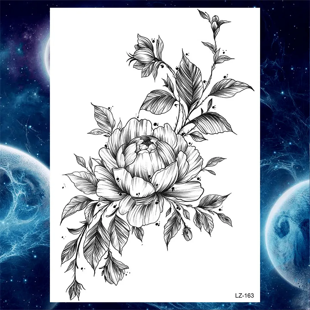 Flower Compass Temporary Tattoo For Women Girls Adult Rose Peony Tattoos Sticker Fake Black Floral Body Art Thigh Tatoos Paper