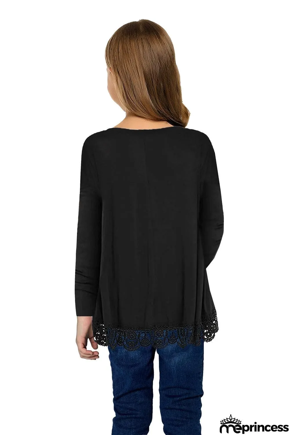 Long Sleeve Lace Trim O-neck A-line Tunic Blouse