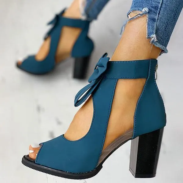Peep Toe Mesh Insert Bowknot Chunky Heeled Sandals