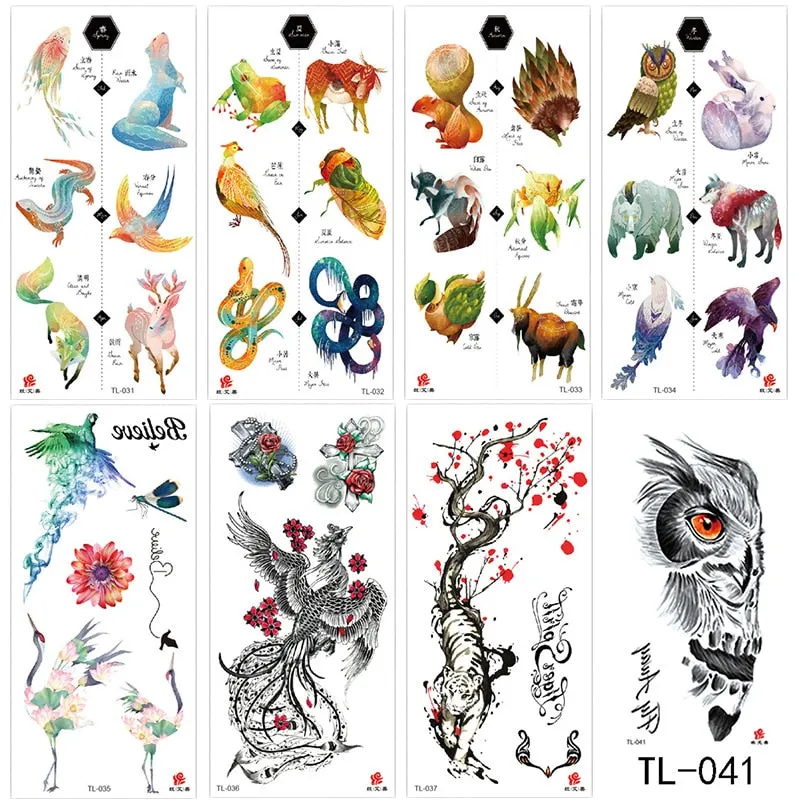 1~8 pieces of animal plants wolf bear bird art tattoo stickers disposable waterproof temporary tattoo stickers for men and women