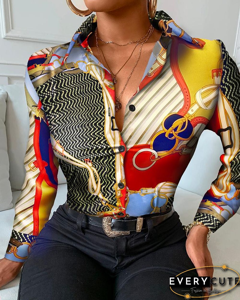 Scarf Print Colorblock Buttoned Long Sleeve Shirt