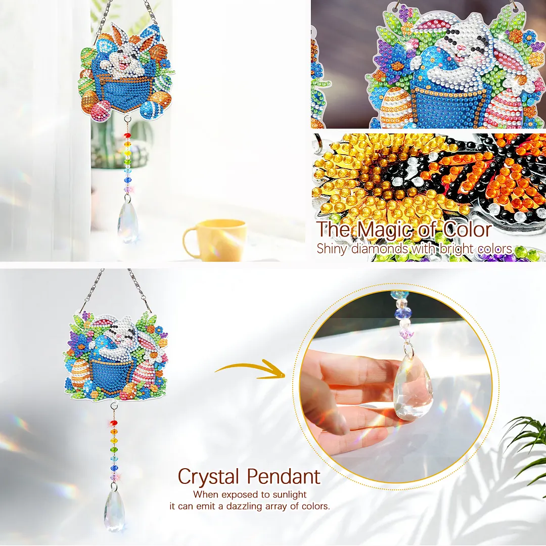 2Pcs Pocket Rabbit DIY Acrylic Diamond Painting Art Wind Chimes with Crystal Pendant Diamond Art Hanging Pendant Double-Sided for Adults Beginners Gift Home Garden Decor