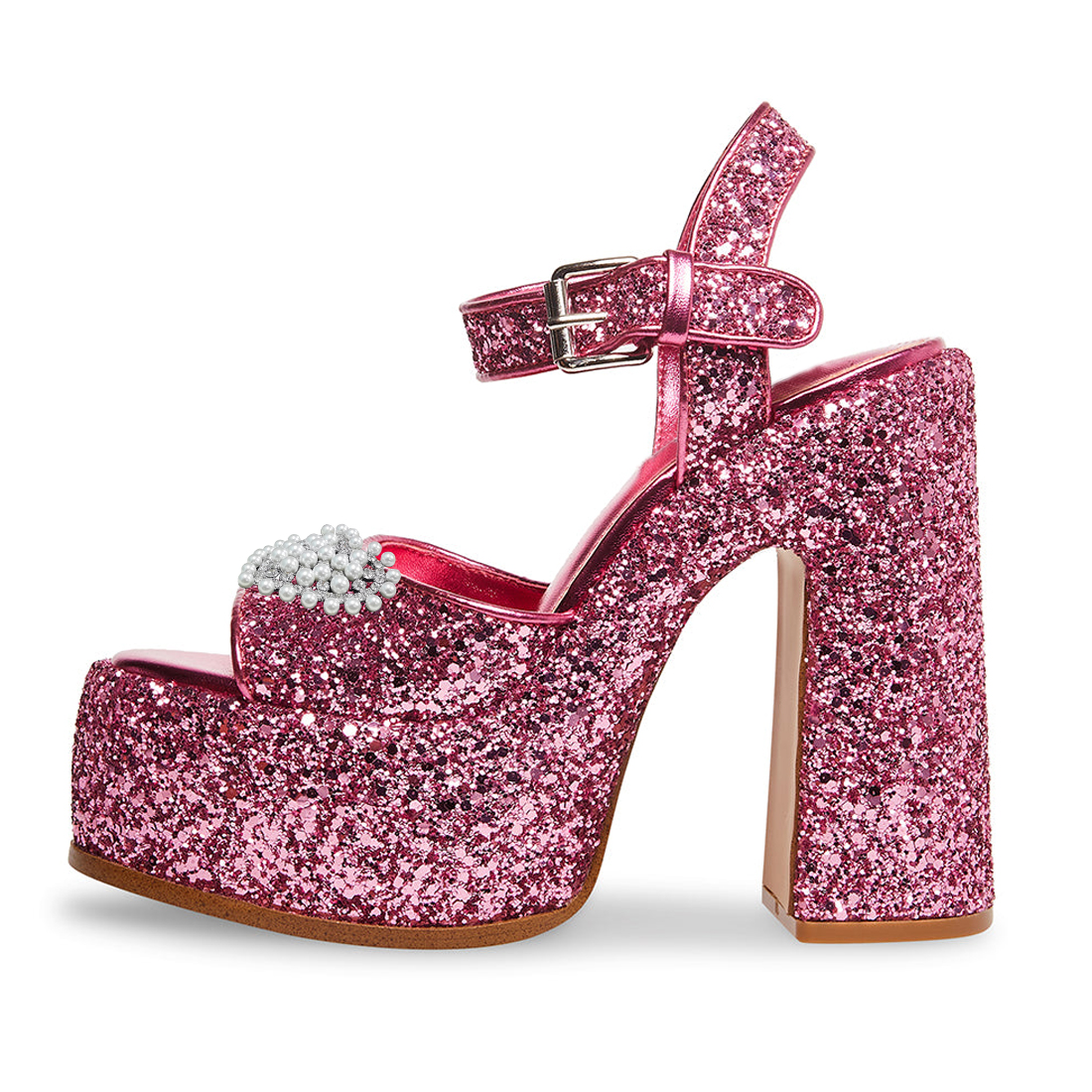 Open-Toe Pearl and Rhinestone Heart Glitter Platform Pink Sandals Nicepairs