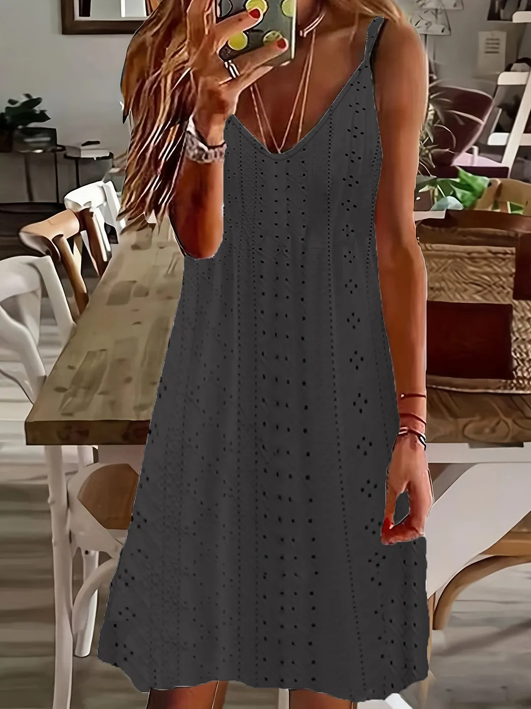 Churchf Churchf Women's Summer New Hollow Jacquard V-Collar Sling Solid Color Dress