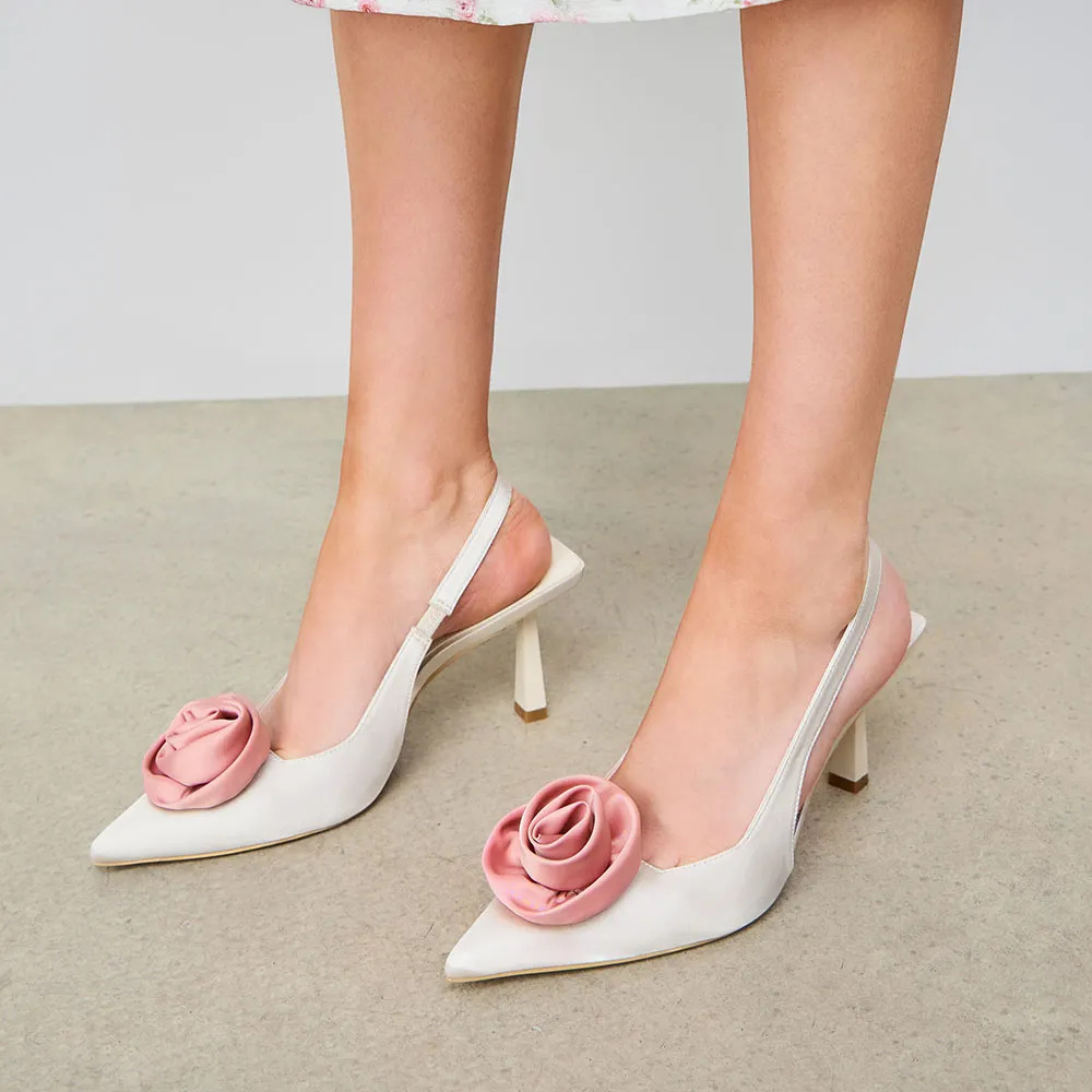 Elegant White Satin Rose Accent Pointed Toe Slingback Wedding Heels