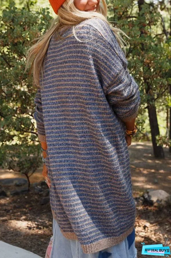 Fashion Contrast Striped Loose Long-sleeved Mid-length Knitted Cardigan