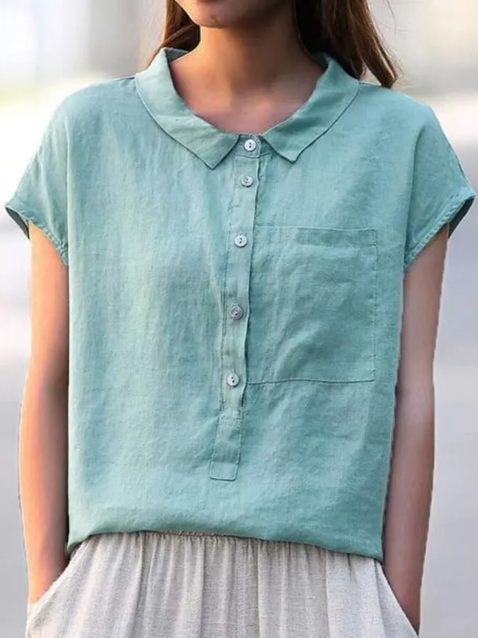 Women&lsquo;s Casual Pure Color Elegant Pleated Short-Sleeve Shirt