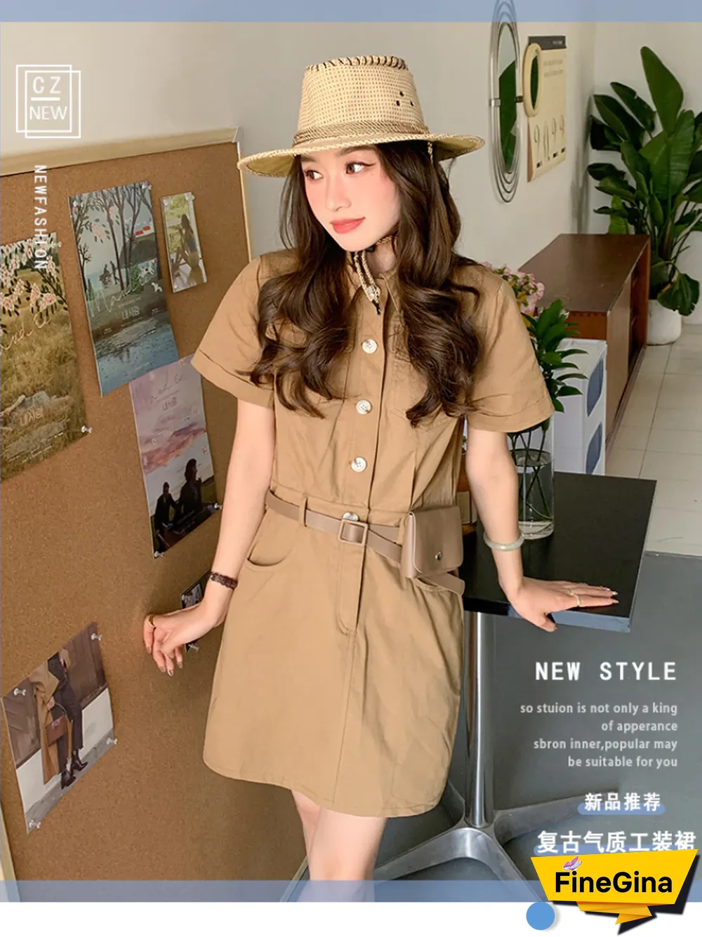 Safari Style Slim Fit Dress Women Summer Vintage Khaki Dresses With Waist Bag Female Button Cowboy Vestidos Mujer
