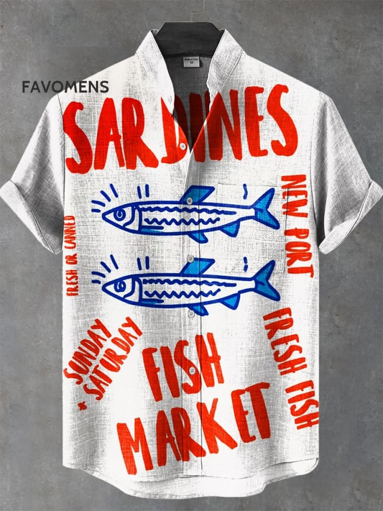 Vintage Fish Sardines Art Print Casual 100% Cotton Shirt Multicolor / S
