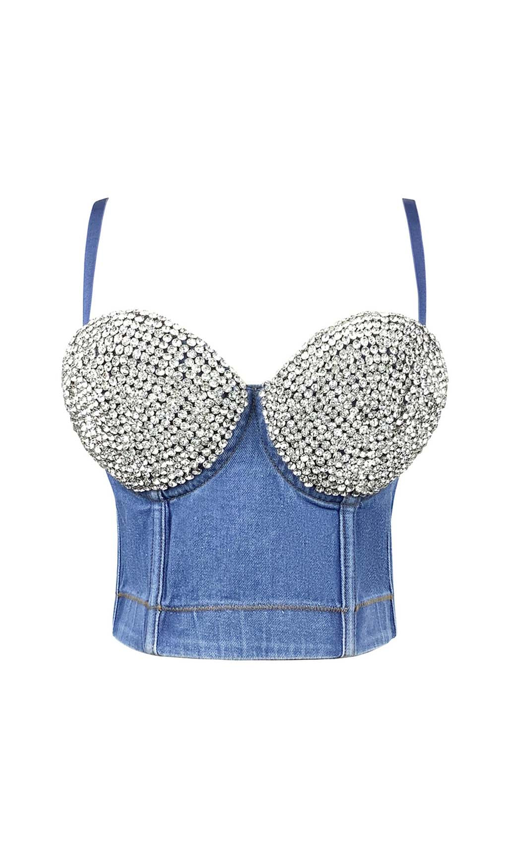 Bustier Denim Top In Blue Flowering Girl