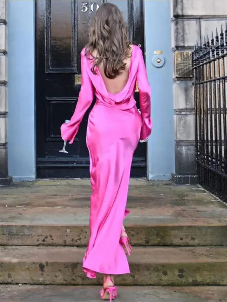 Tossy Backless Satin Fashion Maxi Dress For Women Elegant Solid Slim Patchwork Long Sleeve Autumn 2024 Female Gown Long Dress
