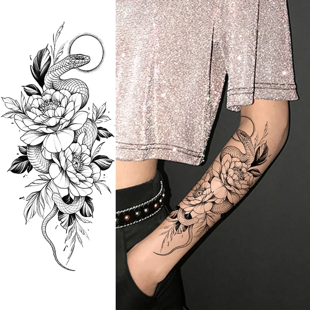 Black Rose Flower Snake Temporary Tattoos For Women Adult Peony Serpent Fake Tattoo Forearm Body Art Painting Waterproof Tatoos