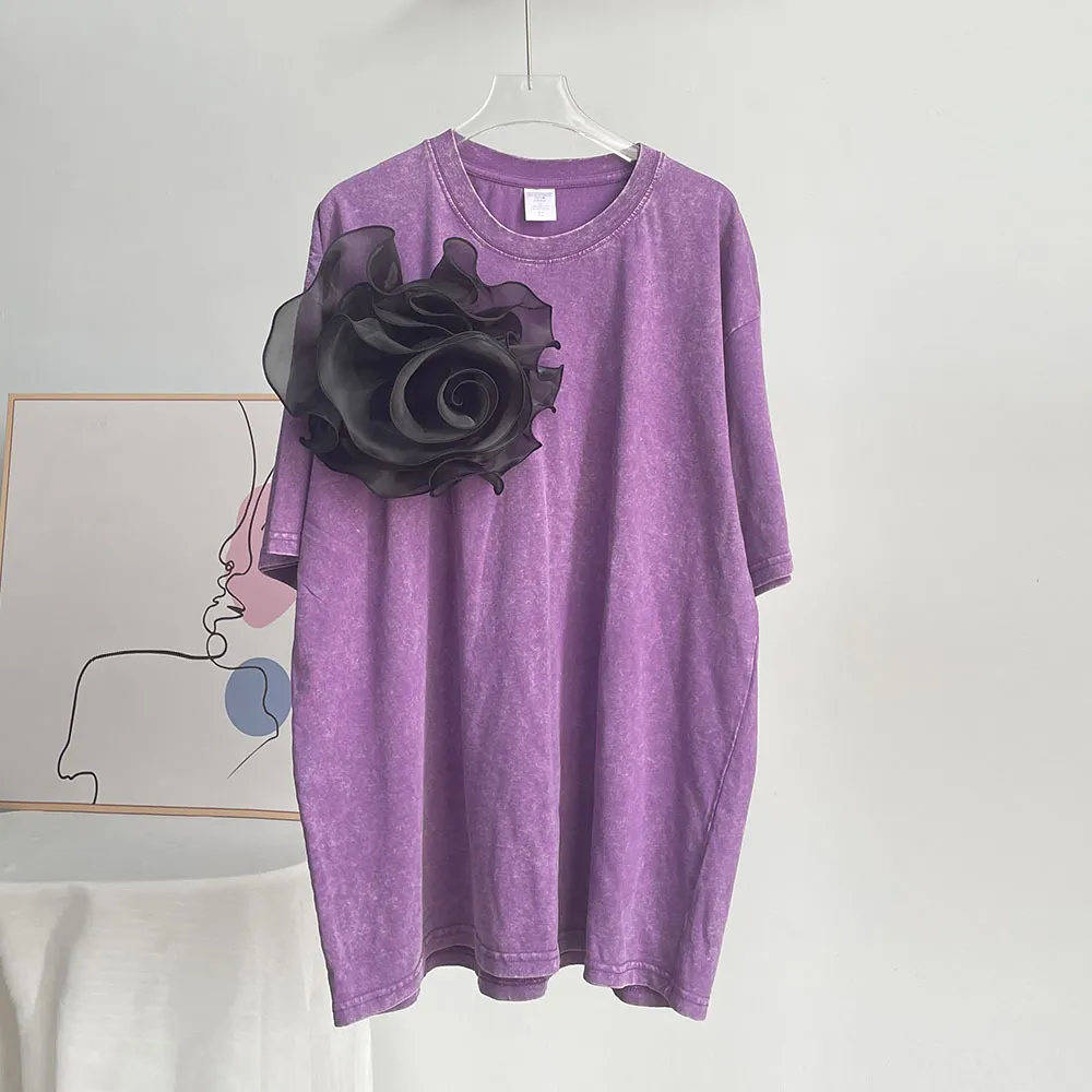 Athvotar Athvotar Summer New Hot Water Washing Wax Dye Faded Short-Sleeved Street Style To Make Old Cotton T-Shirt Girl