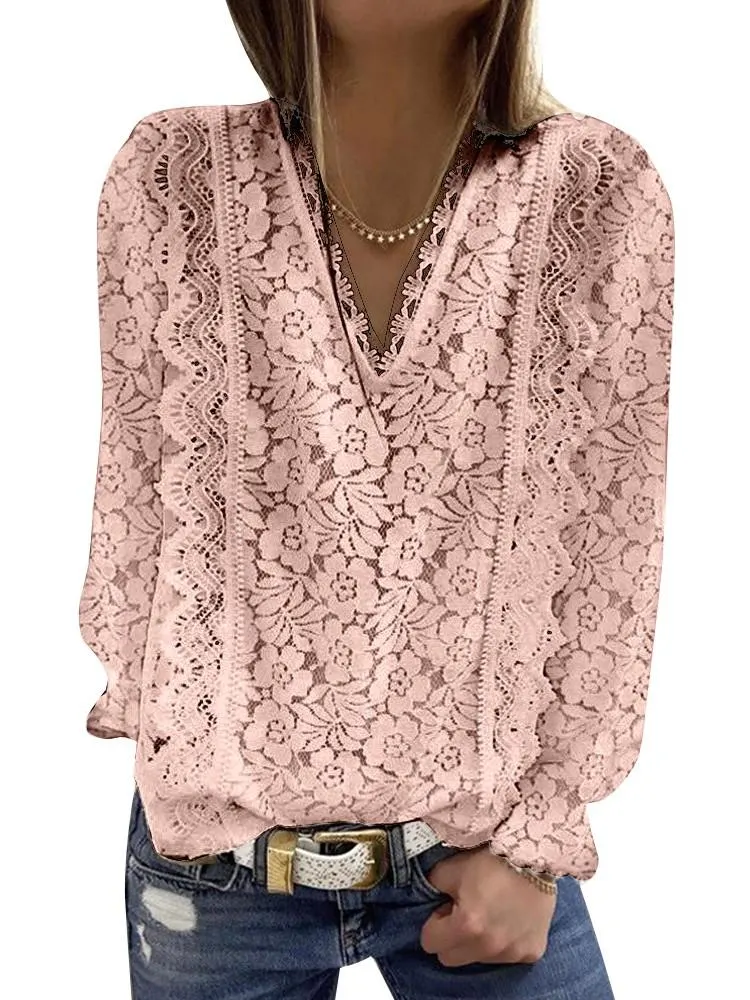 Plus Size Loose Women For Blouses 2022 New O Neck Long Sleeve Elegant Chic Ladies Lace Shirt Tops Fashion Casual Women Blouse