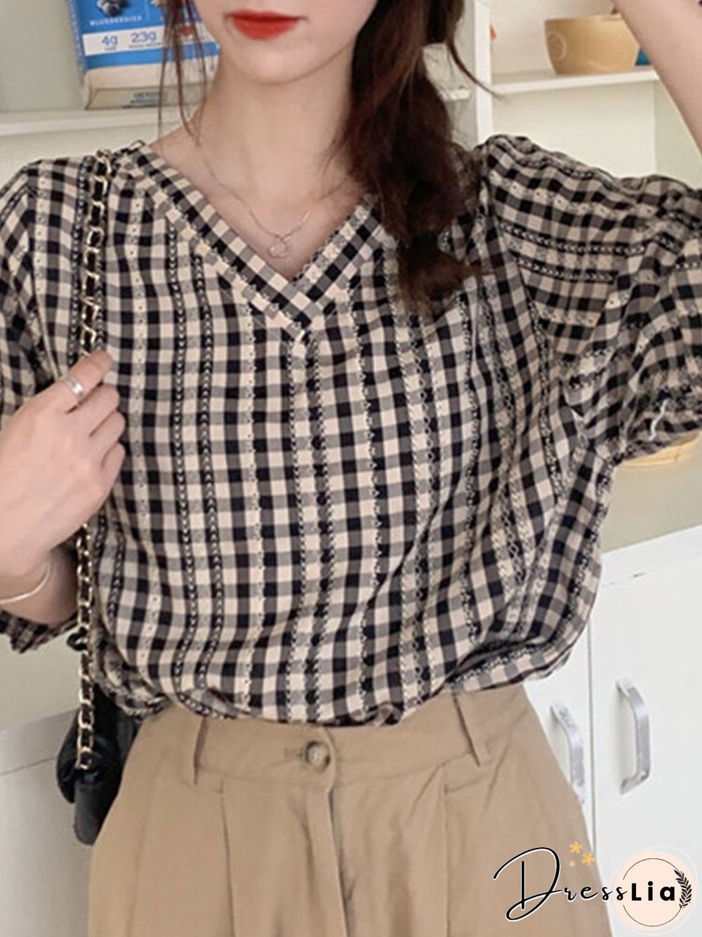 Check Print V-neck Loose Short Sleeve Women Blouse