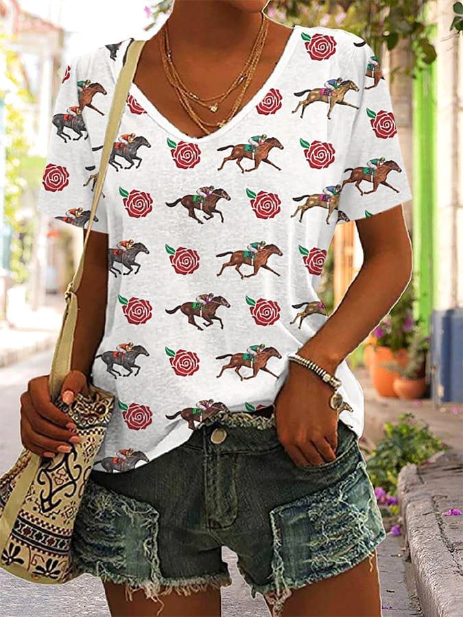 Women's Derby Horses Print V-Neck T-Shirt