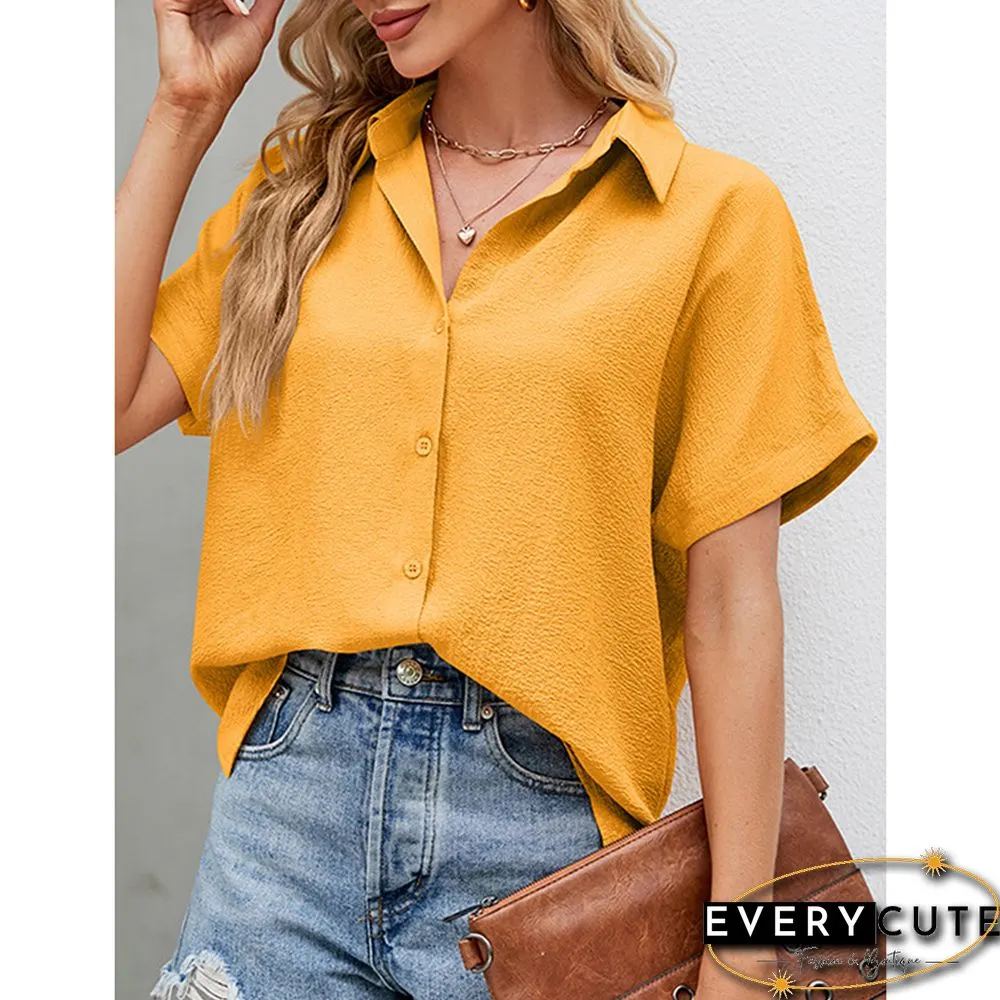 Yellow Button Lapel V Neck Short Sleeve Shirt