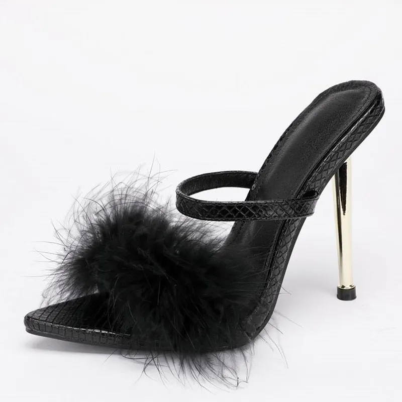 New Brand Fluffy Slippers Sandals Fashion Pointed Toe Summer Party Dress Shoes Gold Fur Slides Heels For Women Free Shipping