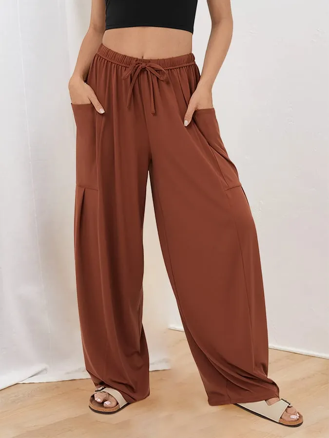 Womens Casual Elastic Waist Pleated High Waist Wide Leg Pants
